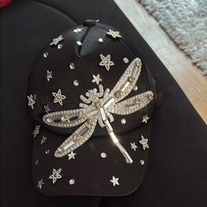 Black Cap with Rhinestone Dragonfly Design